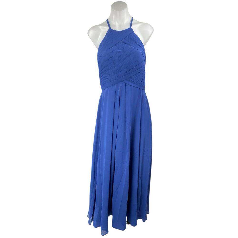 JJ's House Blue Sleeveless Pleated Halter Cami Maxi Bridesmaid A-Line Dress Sz S